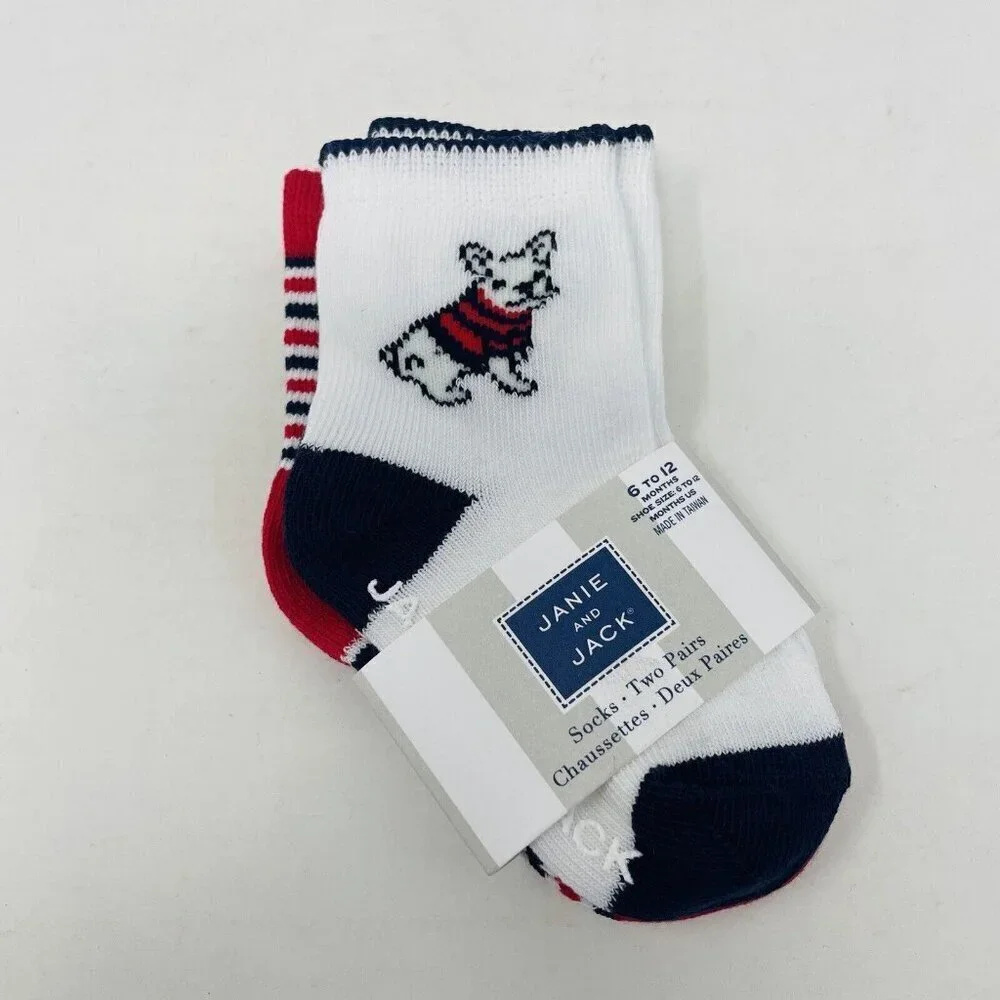 Janie and Jack‎ Baby Boys 6-12 Months Puppy Dog and Striped Sock 2 Pack in White
